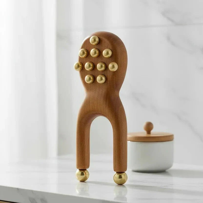 Calm Stone Ergonomic Wooden Gua Sha Facial Massage Tool With Brass Beads