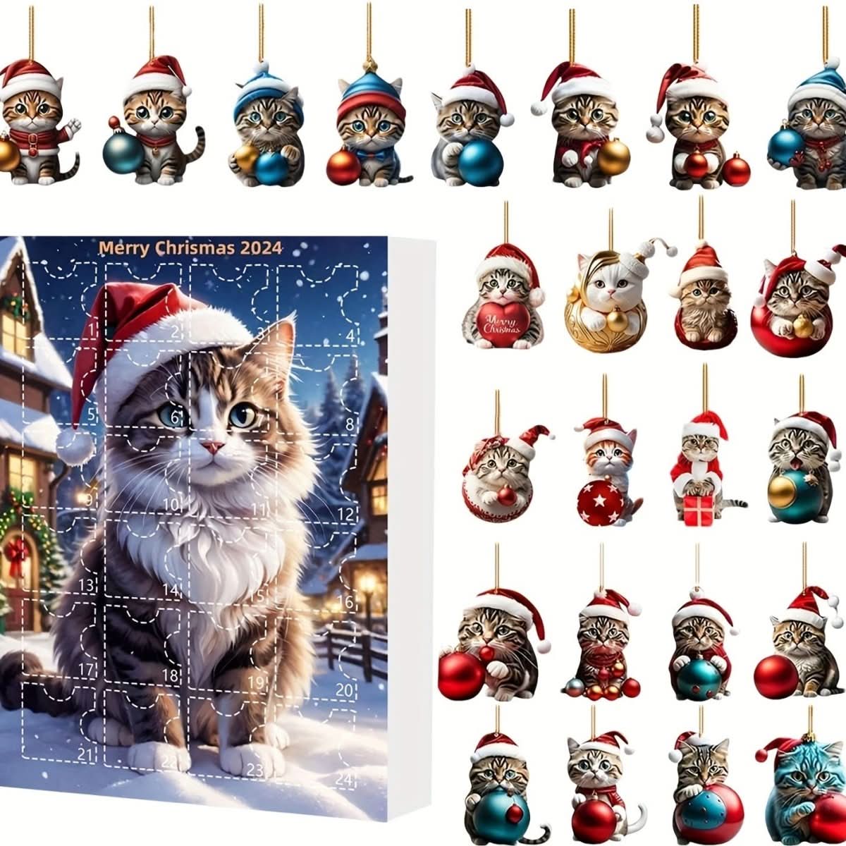 WhiskerCharm Calendario Dell'Avvento Gatto 24 Giorni Con Ciondoli Acrilici Vintage