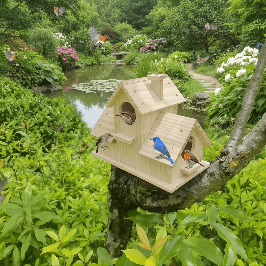 Stonehart Rustic Birdhouse in Solid Wood with Multi-Chamber Nest Box for Garden Birds