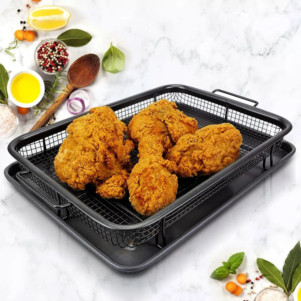 CrispNest Antihaft-Backblech-Set für Heißluftfritteuse mit platzsparendem Gestell