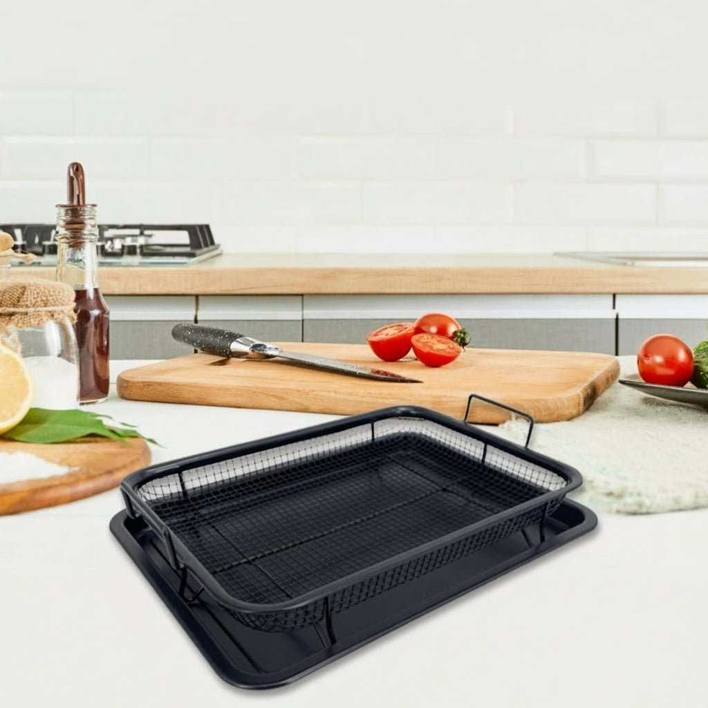CrispNest Antihaft-Backblech-Set für Heißluftfritteuse mit platzsparendem Gestell