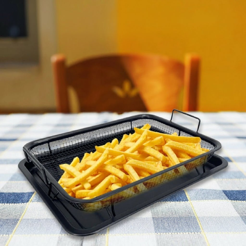 CrispNest Antihaft-Backblech-Set für Heißluftfritteuse mit platzsparendem Gestell