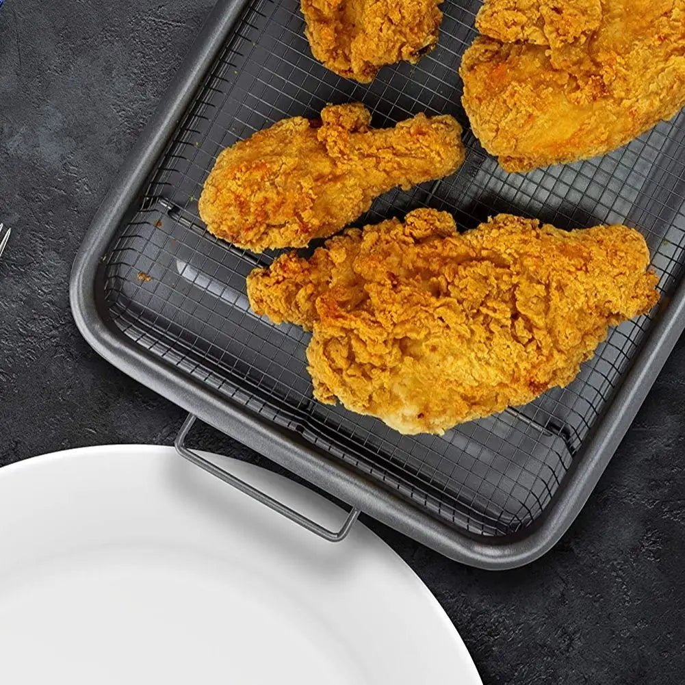 CrispNest Antihaft-Backblech-Set für Heißluftfritteuse mit platzsparendem Gestell
