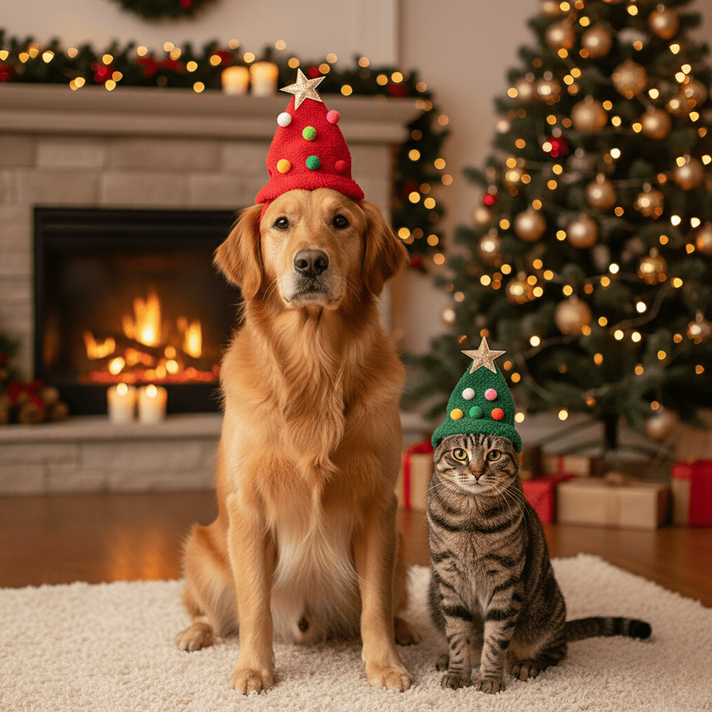 PawLuxe Plyšový vánoční klobouk s elegantním zlatým lemováním pro domácí mazlíčky