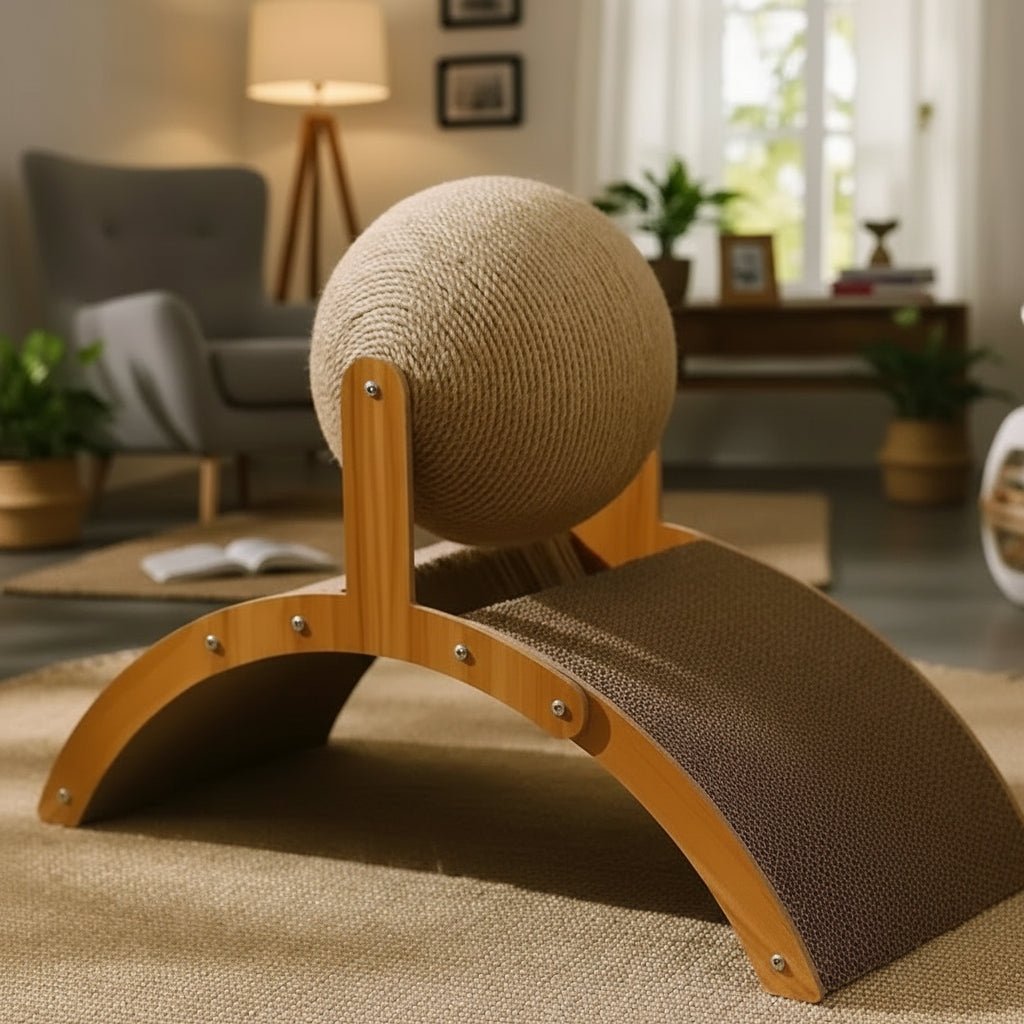 ScratchSphere Balle À Griffer 2-en-1 Pour Chats Avec Planche En Sisal Naturel Et Plateforme En Bois
