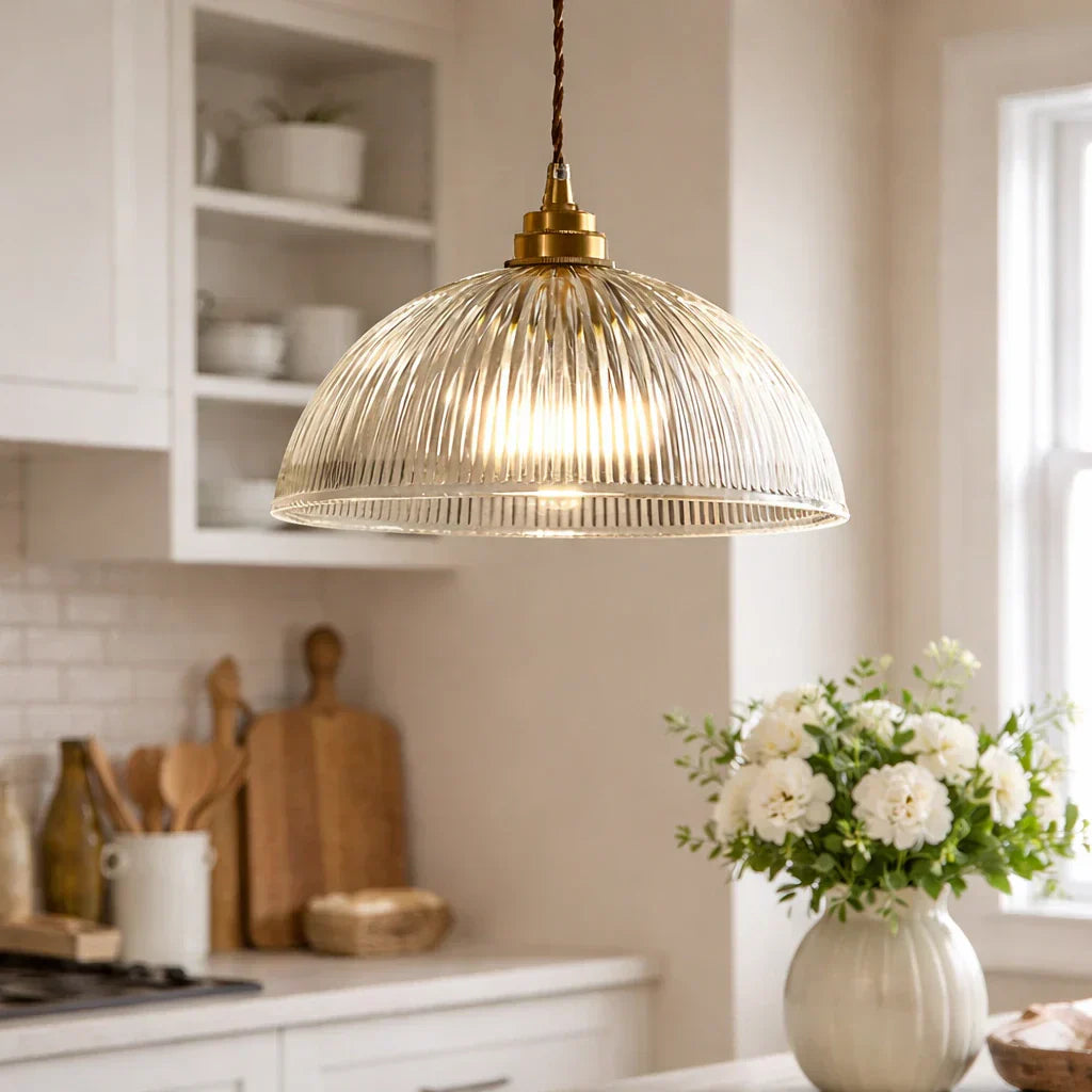 Industrial Farmhouse Ribbed Glass Dome Pendant Light Fixture