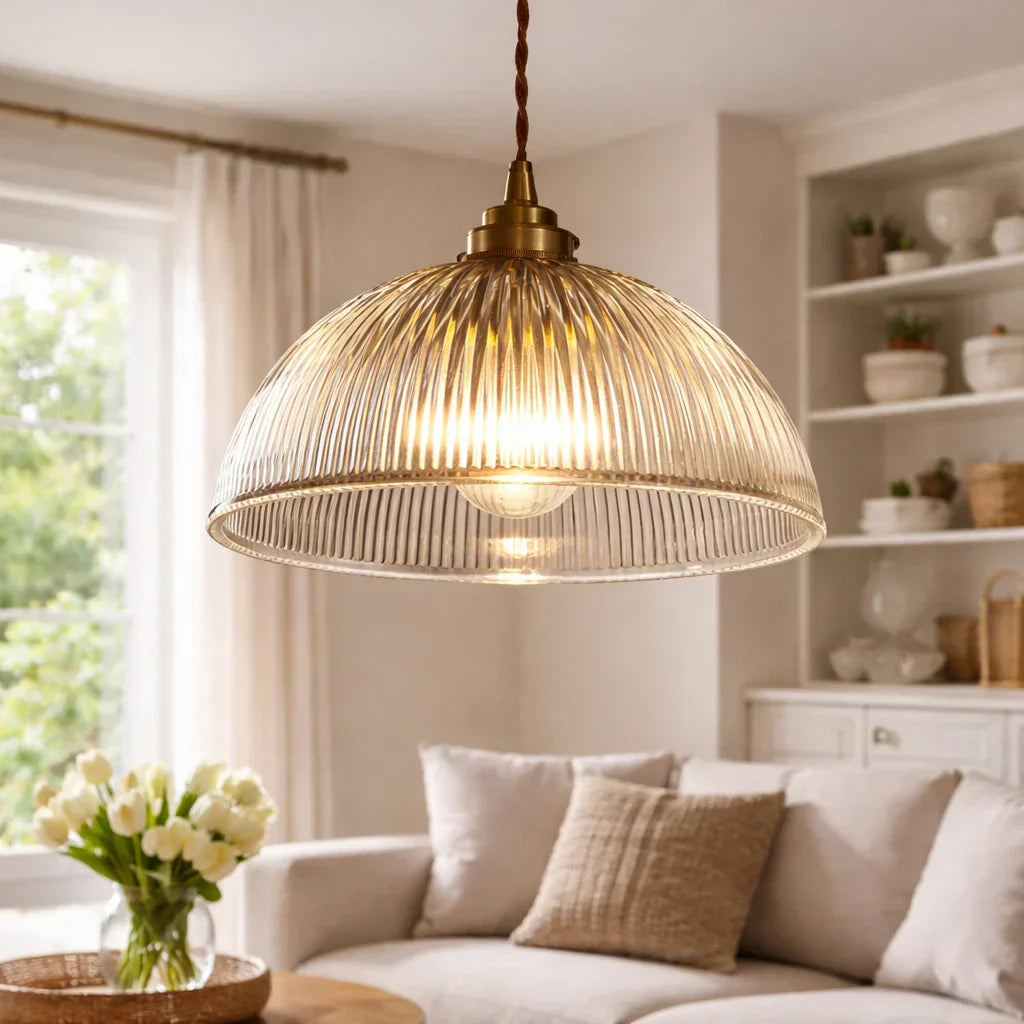 Industrial Farmhouse Ribbed Glass Dome Pendant Light Fixture