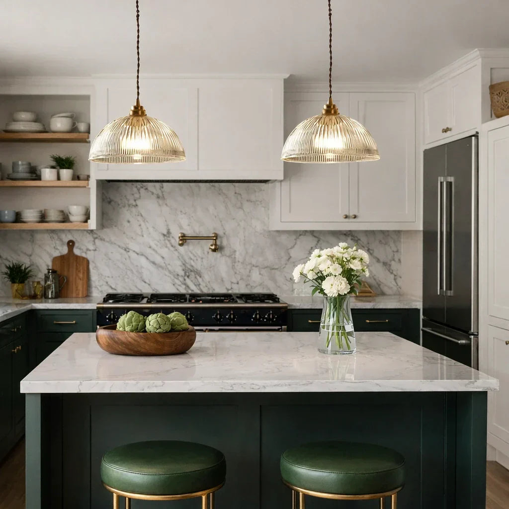 Industrial Farmhouse Ribbed Glass Dome Pendant Light Fixture