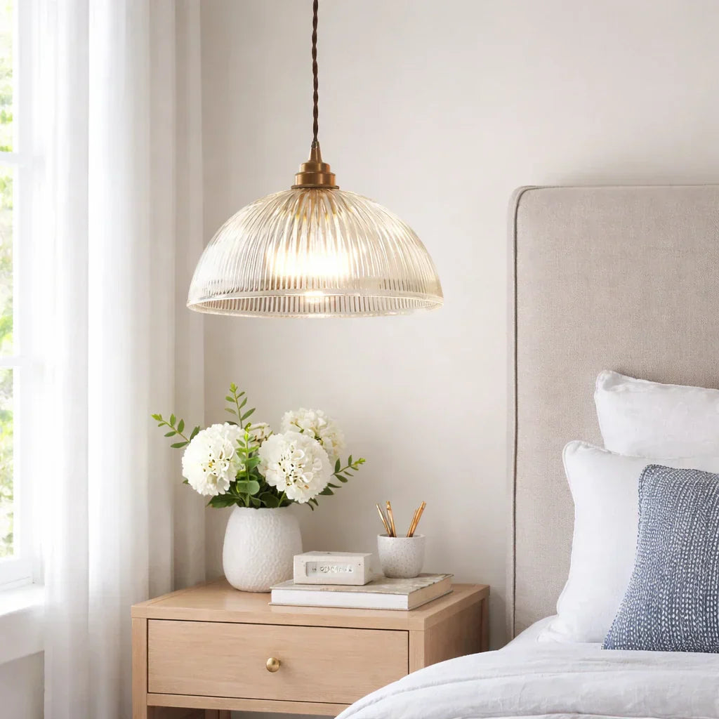 Industrial Farmhouse Ribbed Glass Dome Pendant Light Fixture