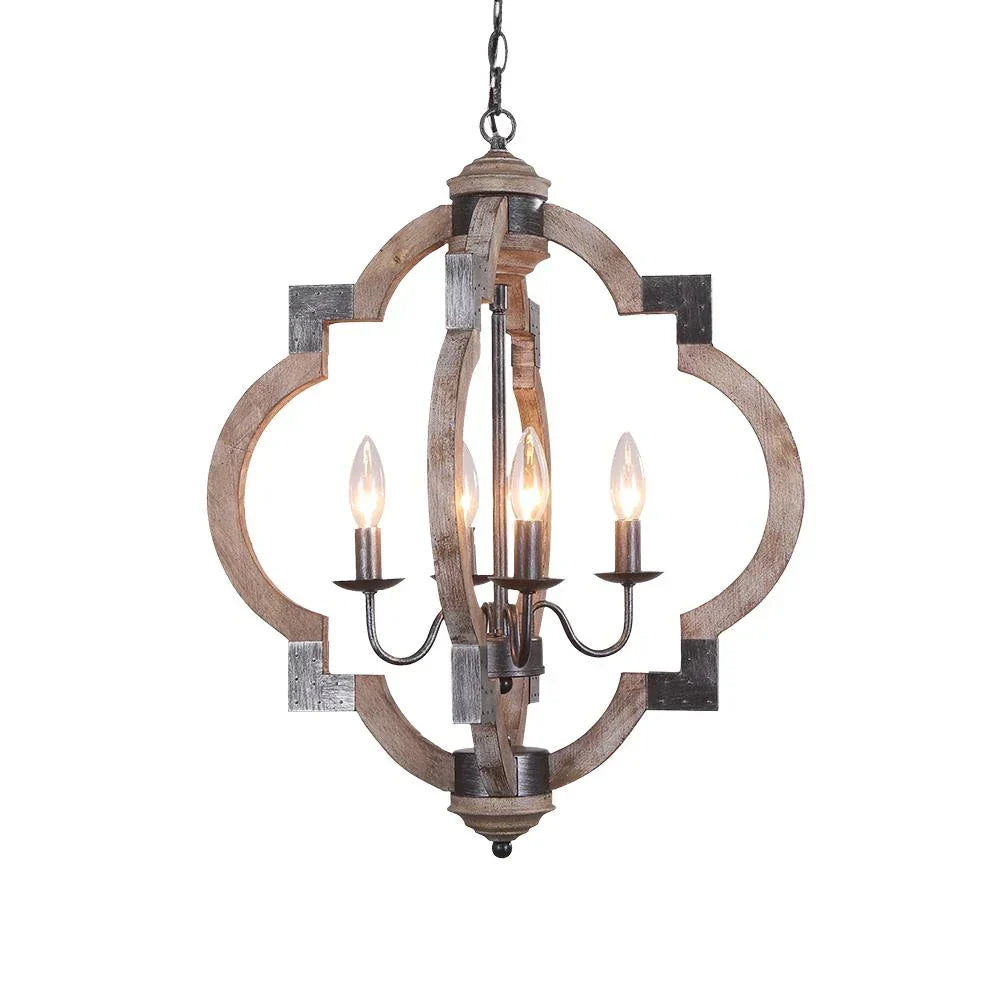Lampada a Soffitto in Stile Fattoria con 4 Luci e Lanterna Rotonda in Legno