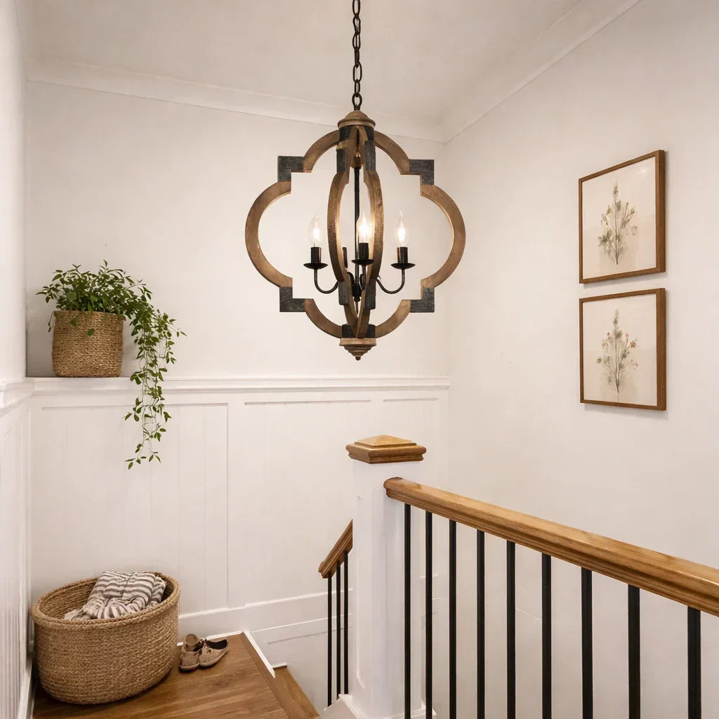 Lampada a Soffitto in Stile Fattoria con 4 Luci e Lanterna Rotonda in Legno