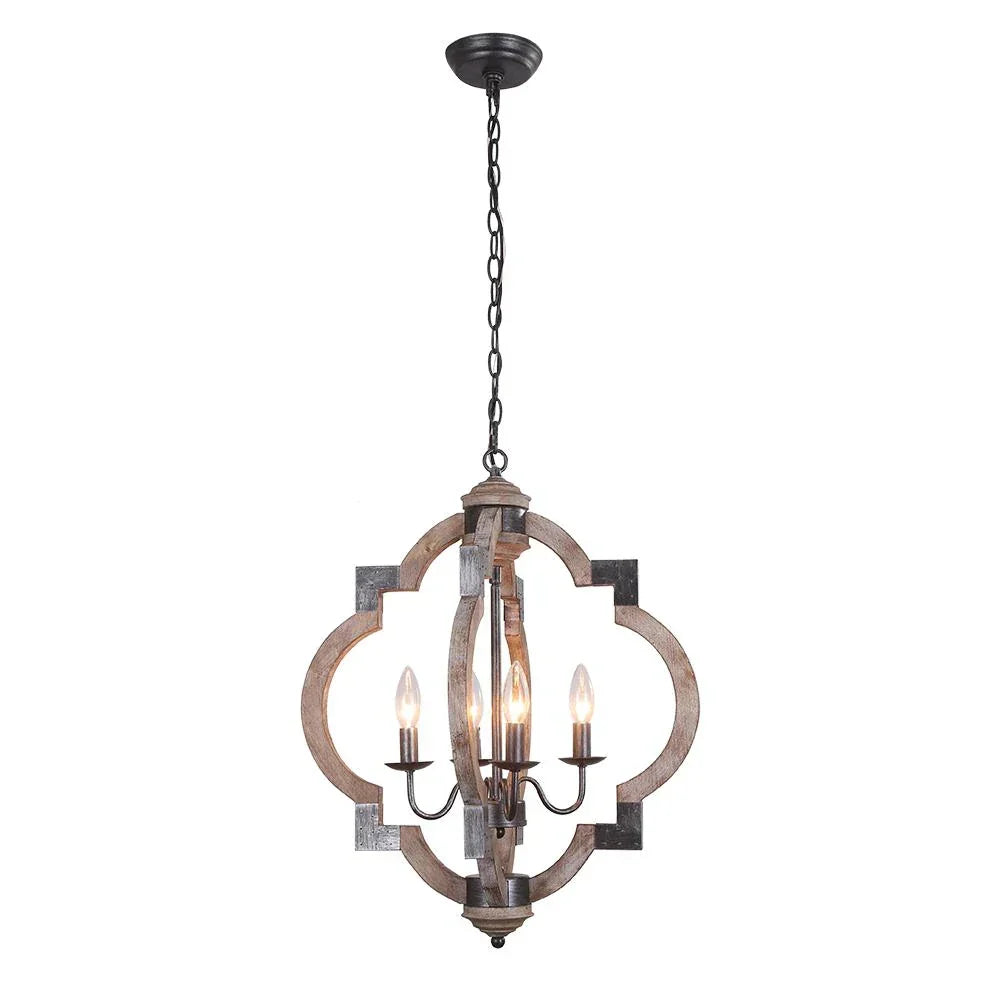 Lampada a Soffitto in Stile Fattoria con 4 Luci e Lanterna Rotonda in Legno