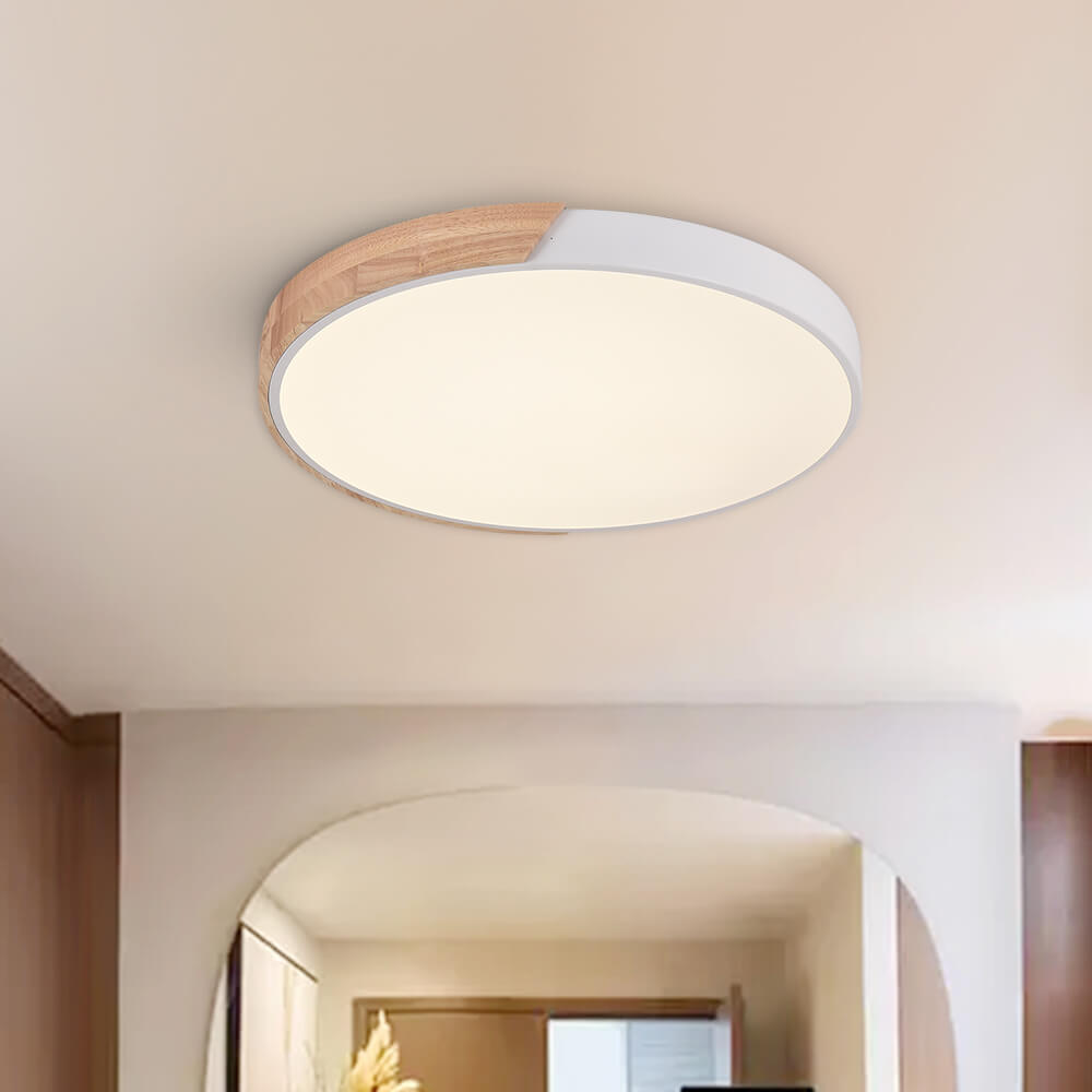 Lumenia Flush Mount Ceiling Light For Living Room With Dimmable LED And Wood Accent