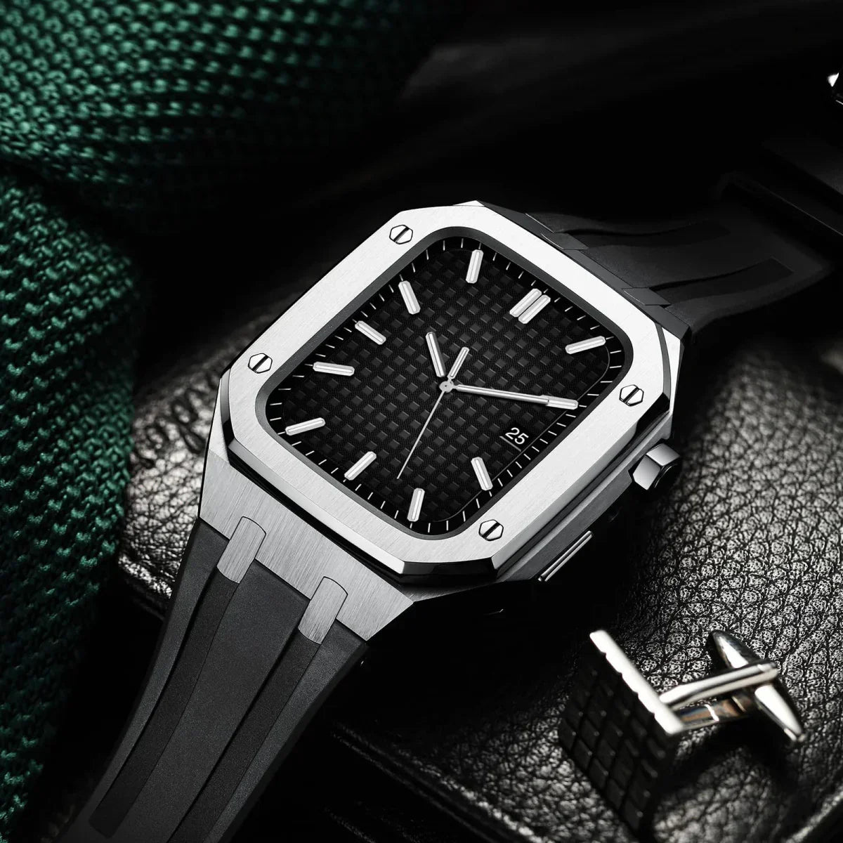 Kit cu bandă din silicon AP9009 și carcasă din oțel inoxidabil 316L pentru Apple Watch
