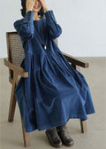 French Blue Corduroy Dress With Plus Size Pockets And Button Patchwork For Fall