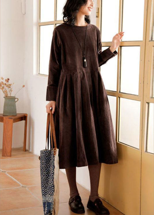 French Blue Corduroy Dress With Plus Size Pockets And Button Patchwork For Fall