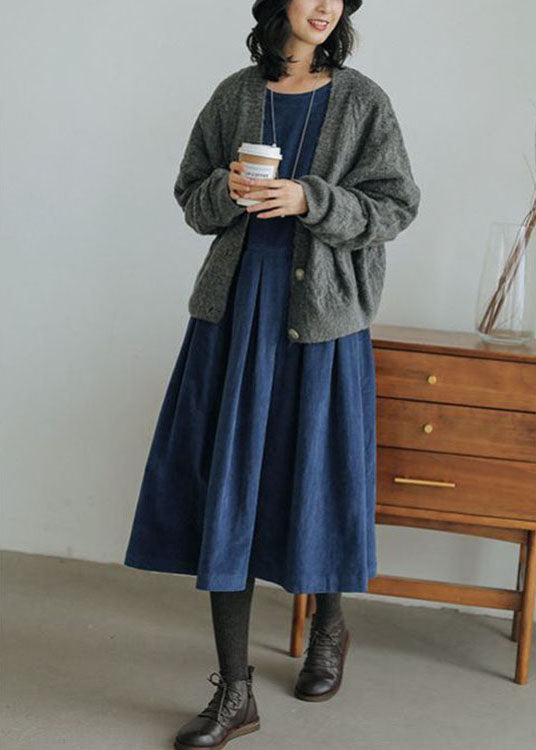 French Blue Corduroy Dress With Plus Size Pockets And Button Patchwork For Fall