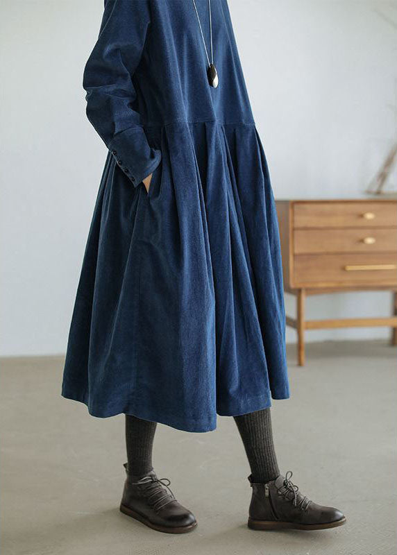 French Blue Corduroy Dress With Plus Size Pockets And Button Patchwork For Fall
