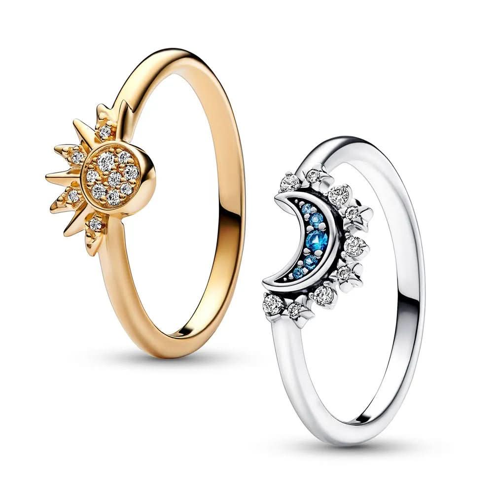 Sparkling Silver Crystal Ring With Moon And Sun Design Elegant 925 Silver