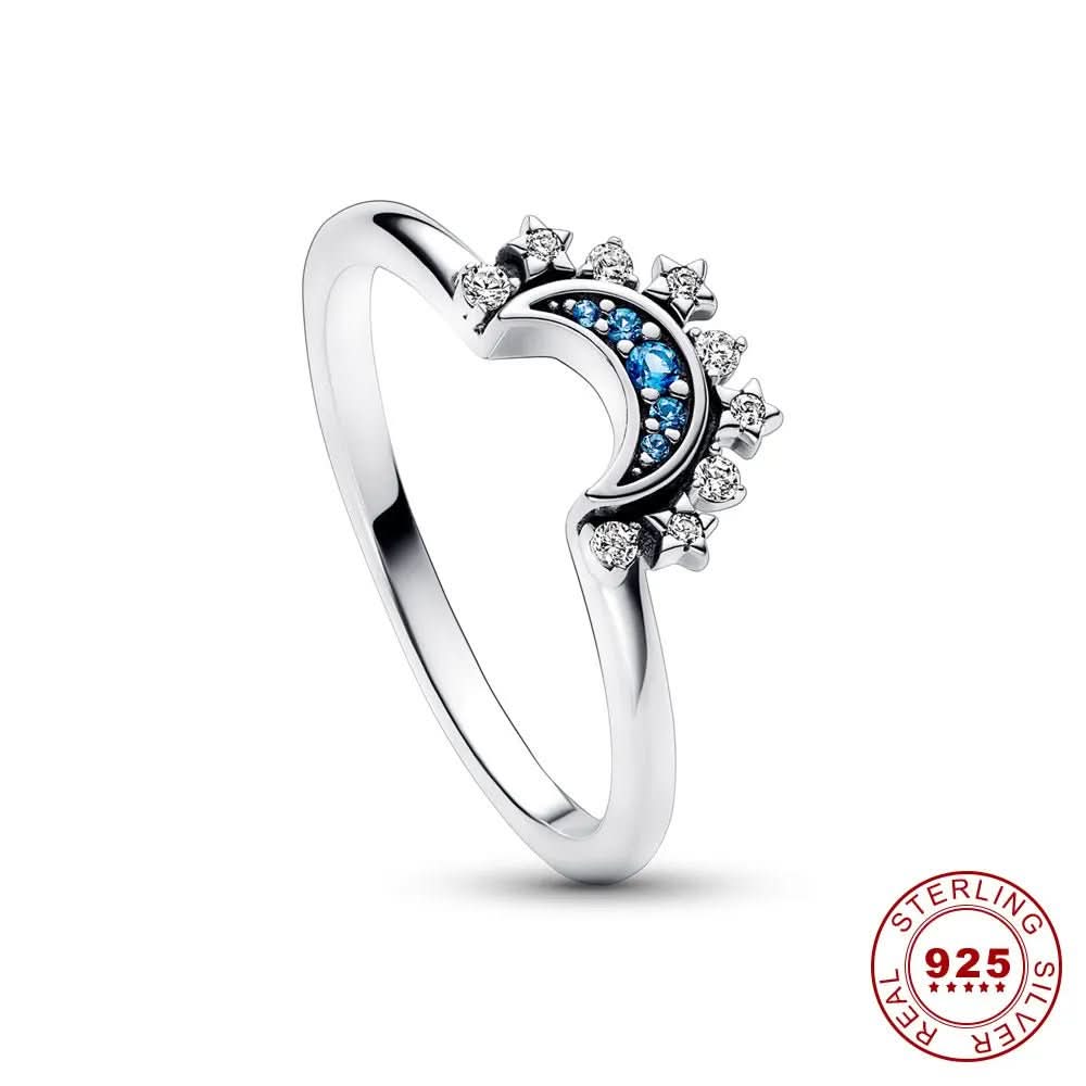 Sparkling Silver Crystal Ring With Moon And Sun Design Elegant 925 Silver