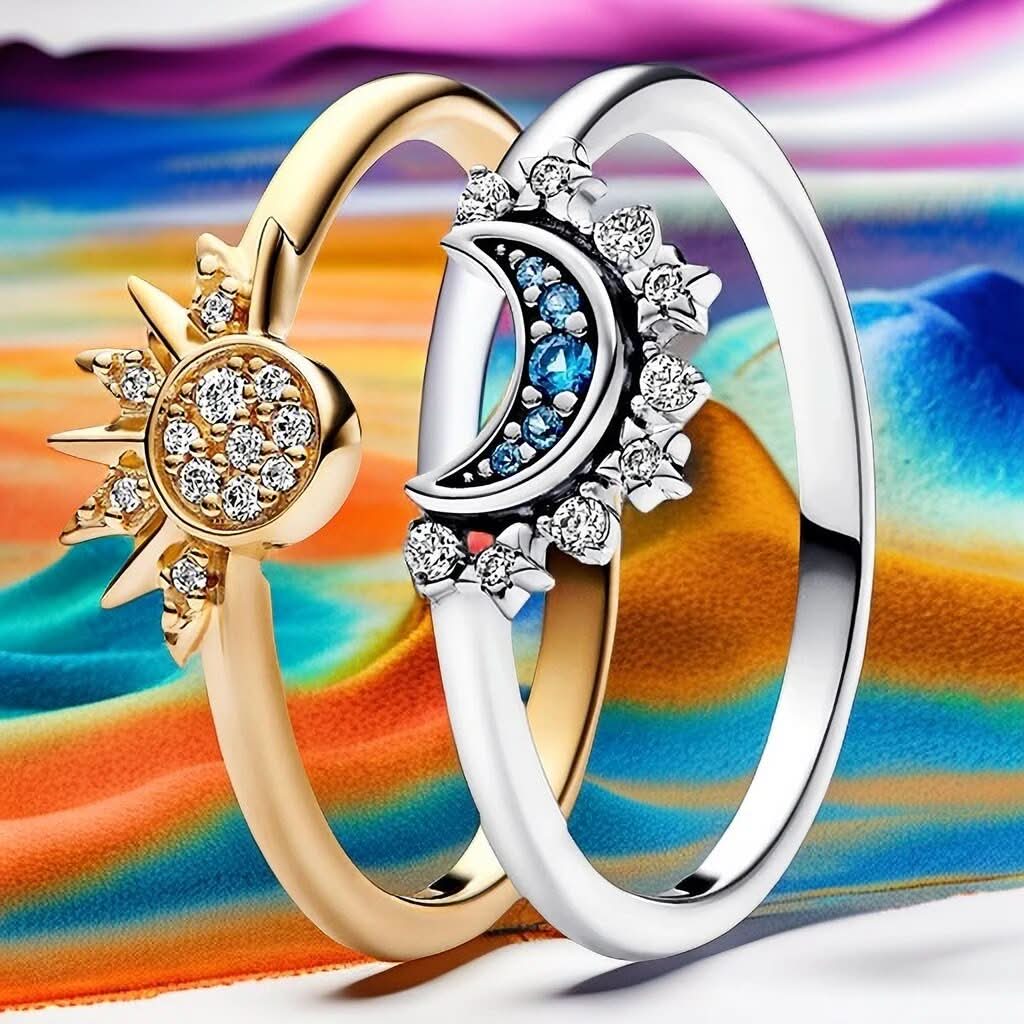Sparkling Silver Crystal Ring With Moon And Sun Design Elegant 925 Silver