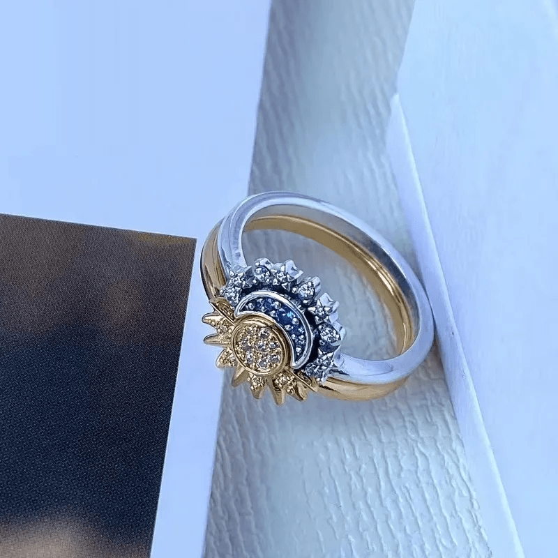 Sparkling Silver Crystal Ring With Moon And Sun Design Elegant 925 Silver