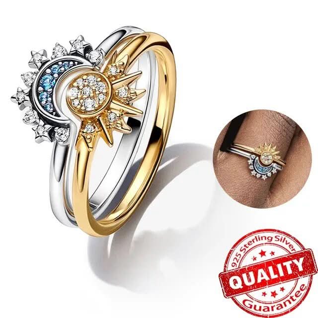 Sparkling Silver Crystal Ring With Moon And Sun Design Elegant 925 Silver