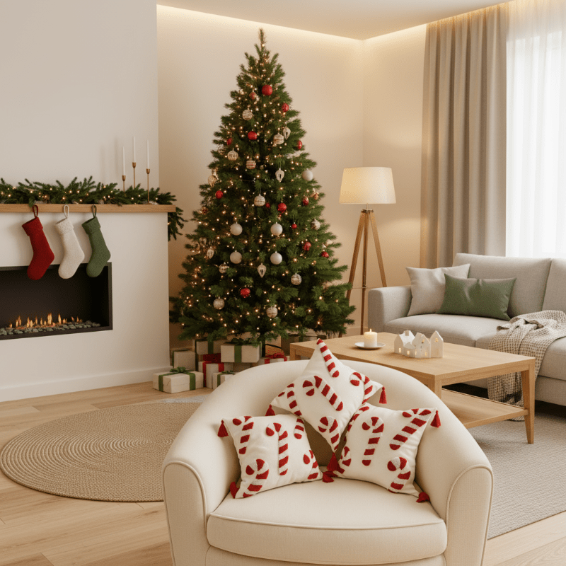 CandyHaven Festive Christmas Pillow Cover With Candy Cane Motif And Soft Polyester
