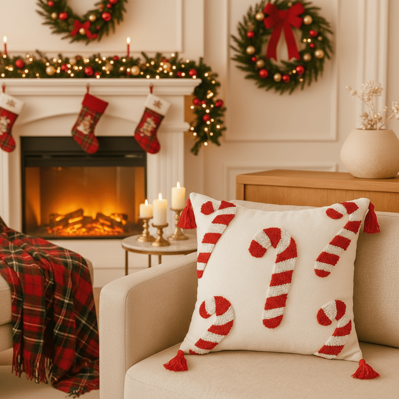 CandyHaven Festive Christmas Pillow Cover With Candy Cane Motif And Soft Polyester
