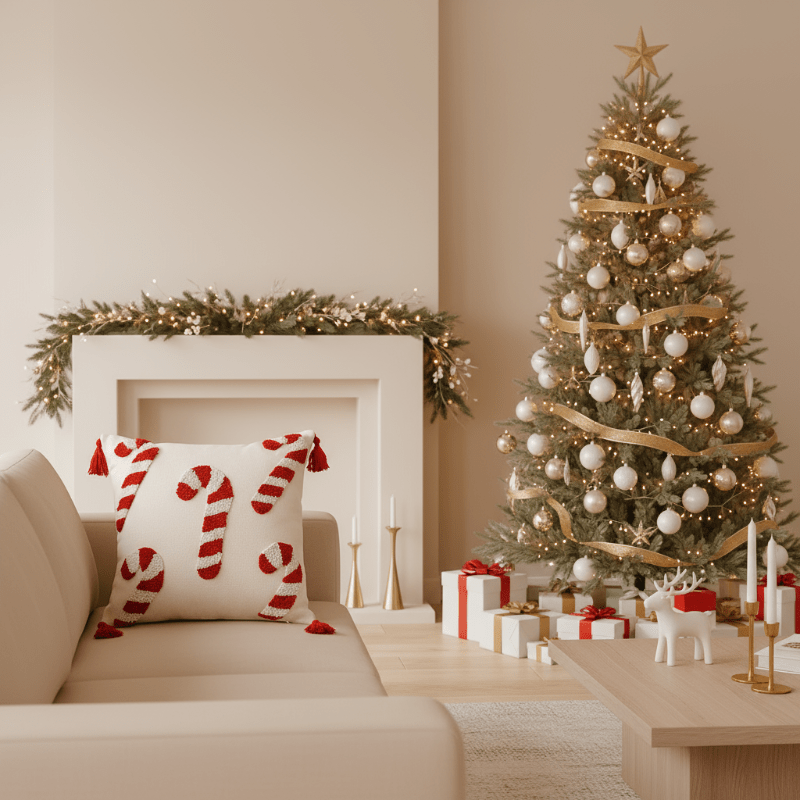 CandyHaven Festive Christmas Pillow Cover With Candy Cane Motif And Soft Polyester