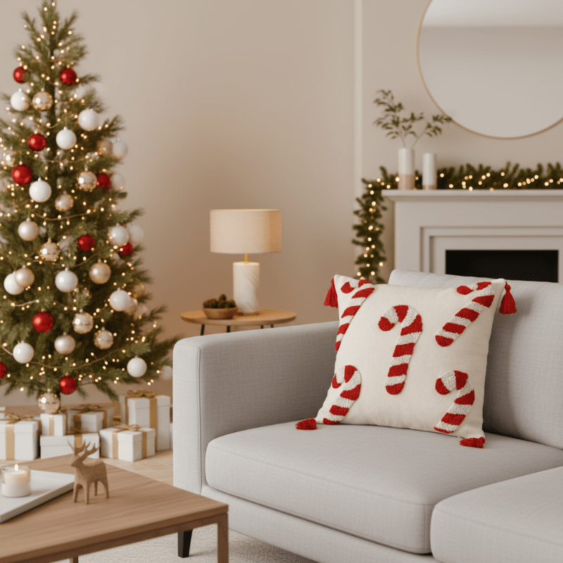 CandyHaven Festive Christmas Pillow Cover With Candy Cane Motif And Soft Polyester
