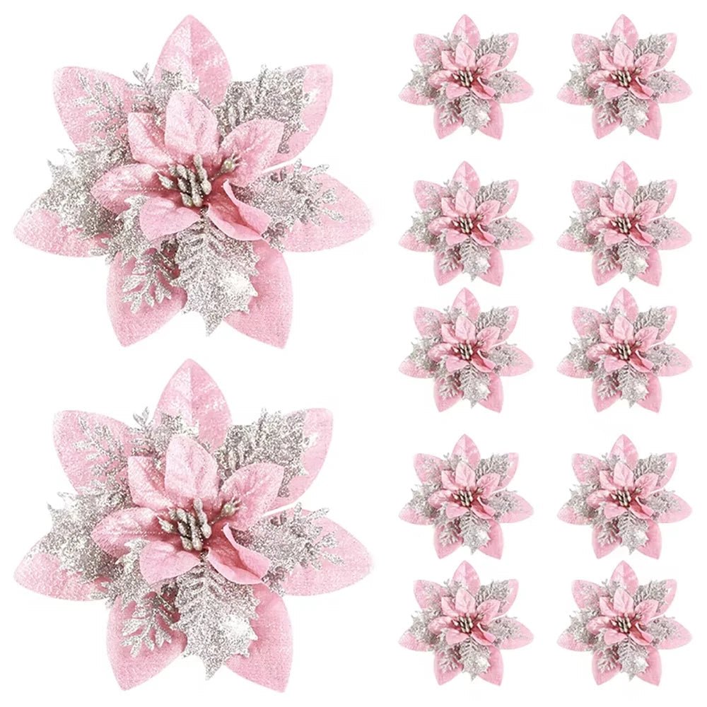 LumaPetal Sparkling Christmas Flowers, 14.5 Cm in Pink, Red, and Gold