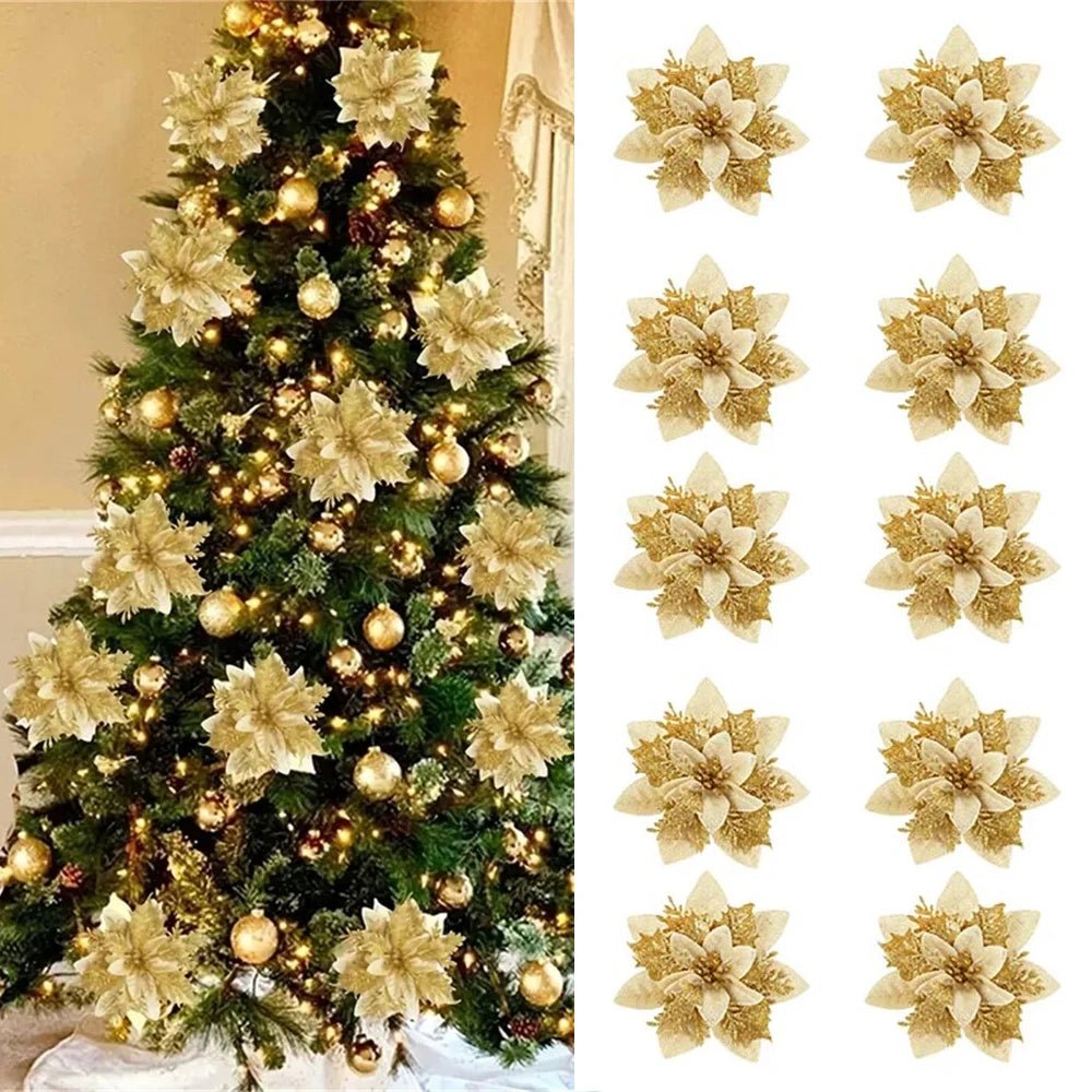 LumaPetal Sparkling Christmas Flowers, 14.5 Cm in Pink, Red, and Gold