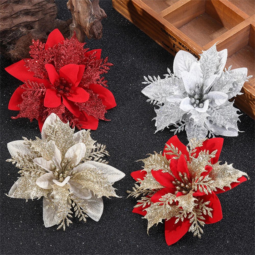LumaPetal Sparkling Christmas Flowers, 14.5 Cm in Pink, Red, and Gold