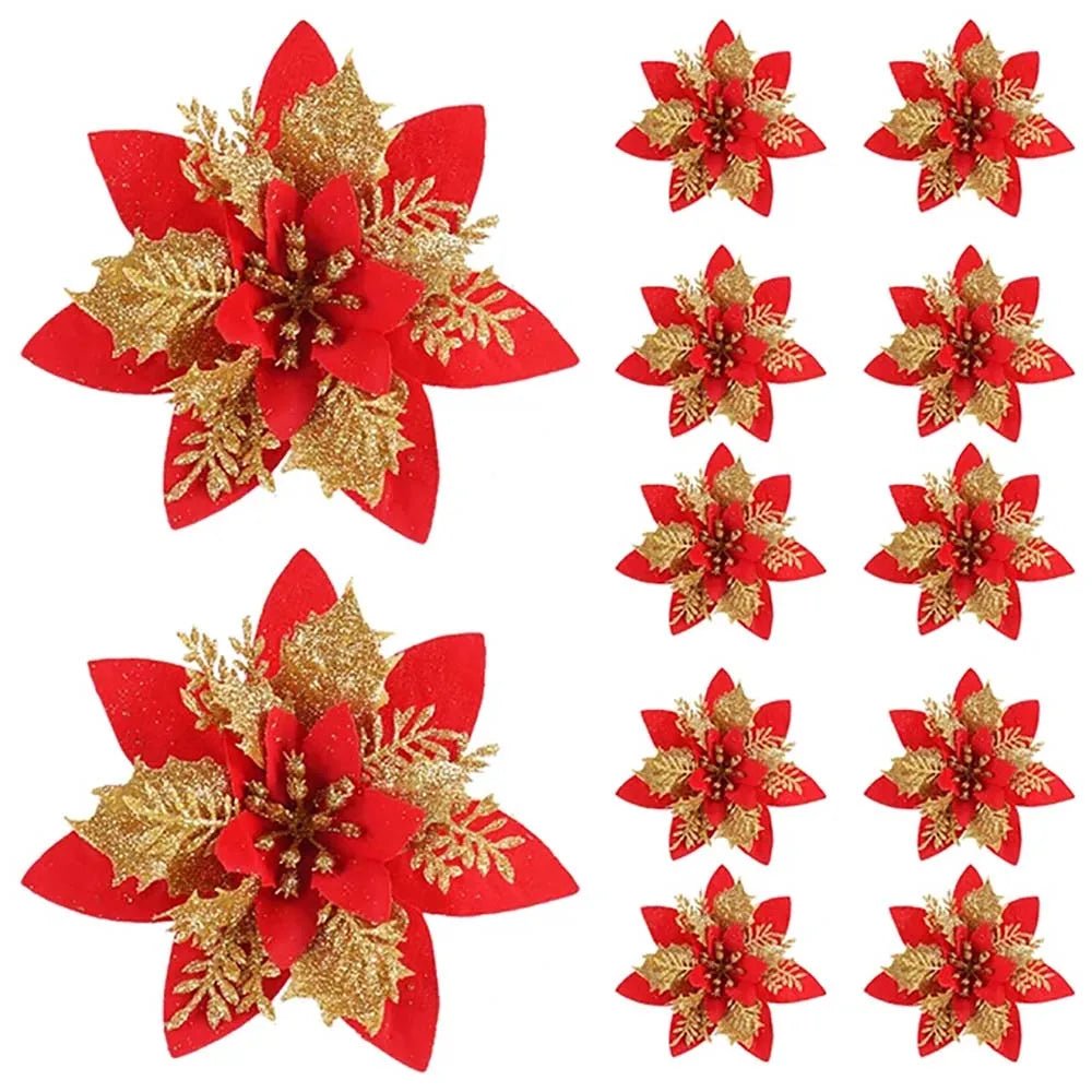 LumaPetal Sparkling Christmas Flowers, 14.5 Cm in Pink, Red, and Gold