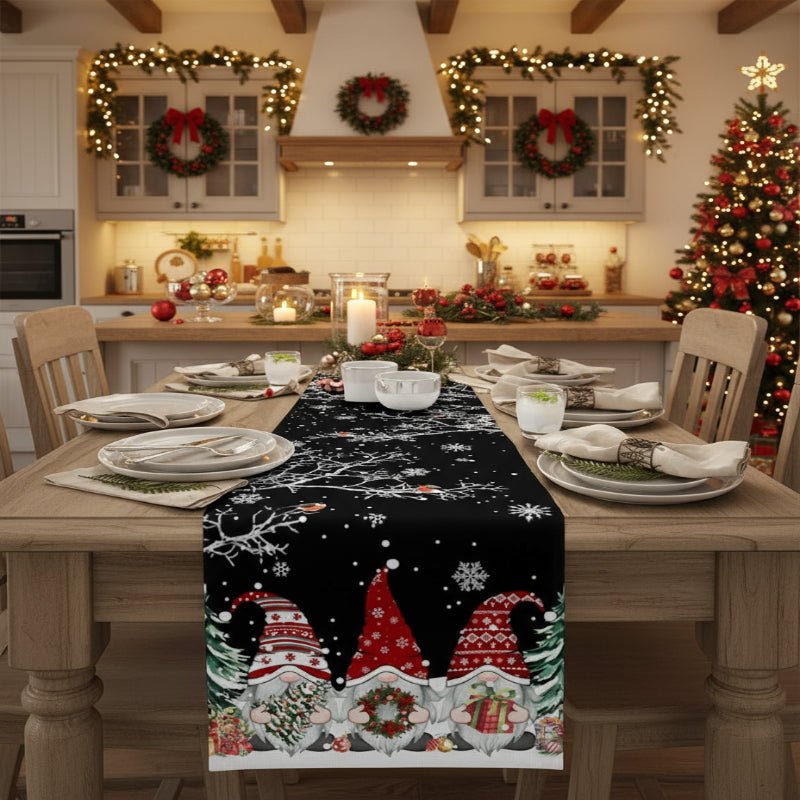 LinenAura Festive Linen Table Runner For Christmas With Snowflake And Gnome Motif