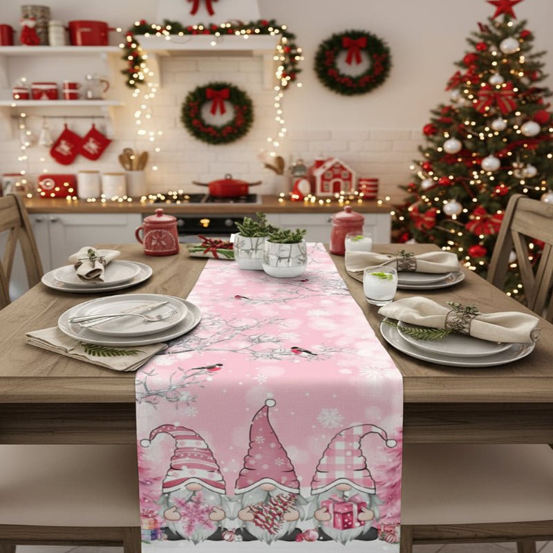 LinenAura Festive Linen Table Runner For Christmas With Snowflake And Gnome Motif