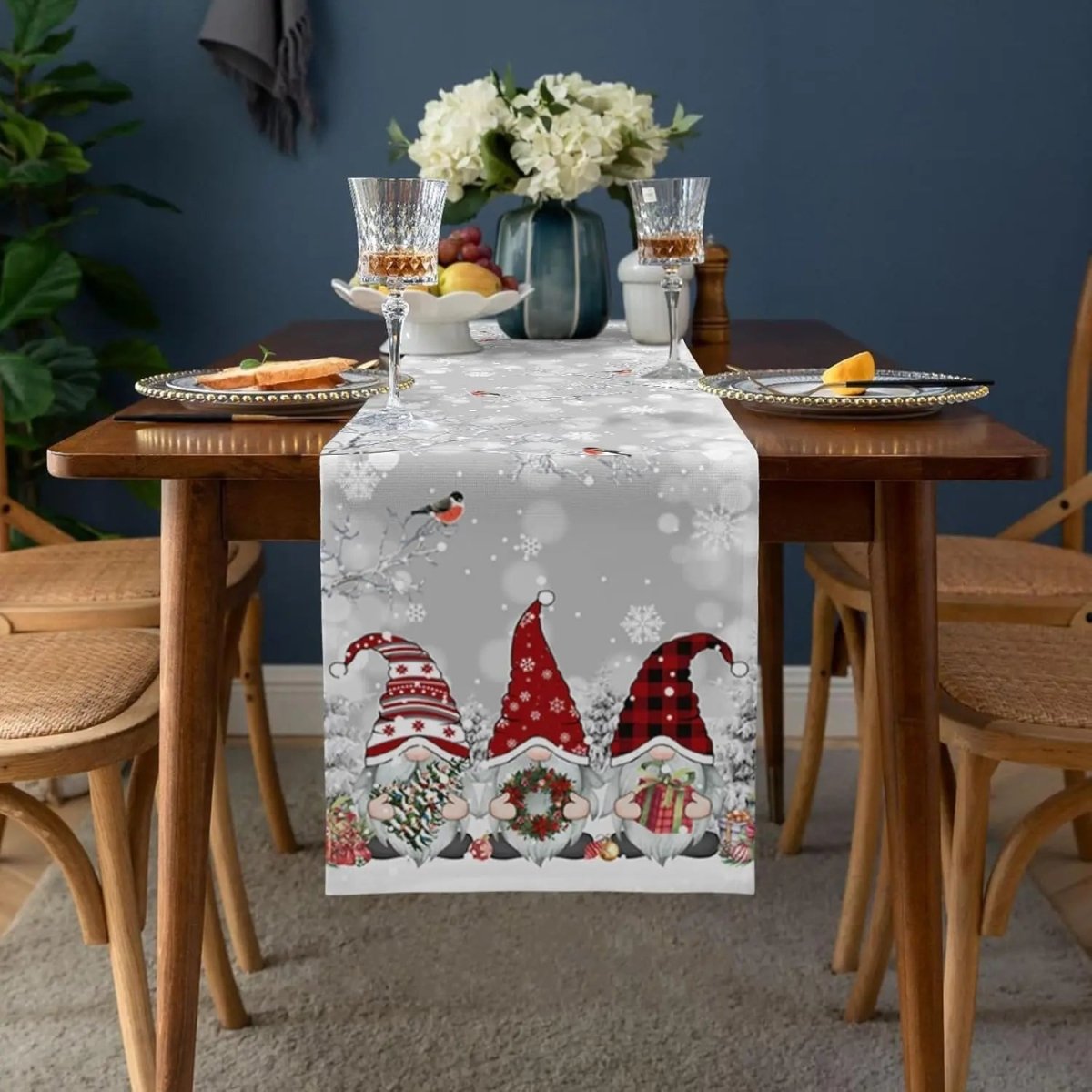 LinenAura Festive Linen Table Runner For Christmas With Snowflake And Gnome Motif
