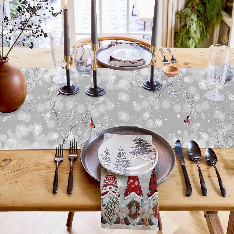 LinenAura Festive Linen Table Runner For Christmas With Snowflake And Gnome Motif