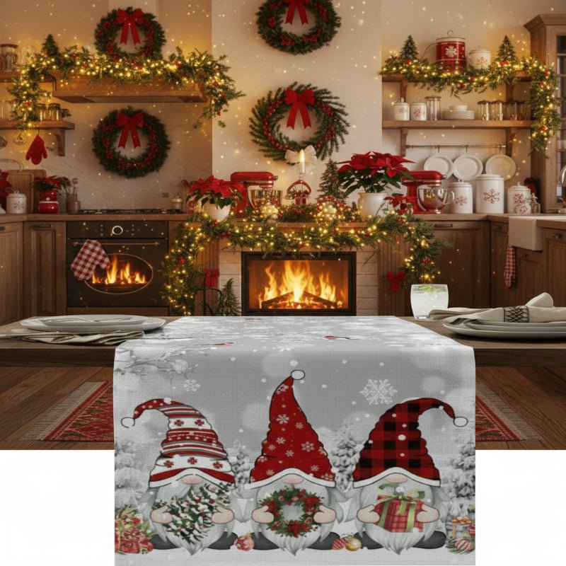 LinenAura Festive Linen Table Runner For Christmas With Snowflake And Gnome Motif