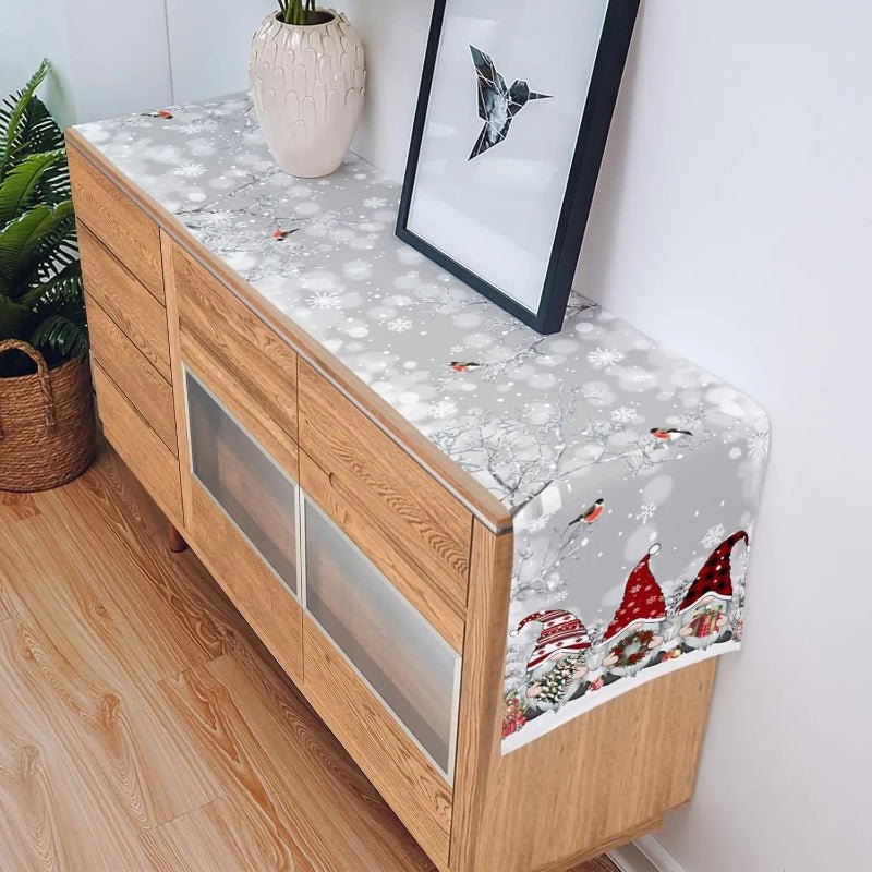 LinenAura Festive Linen Table Runner For Christmas With Snowflake And Gnome Motif