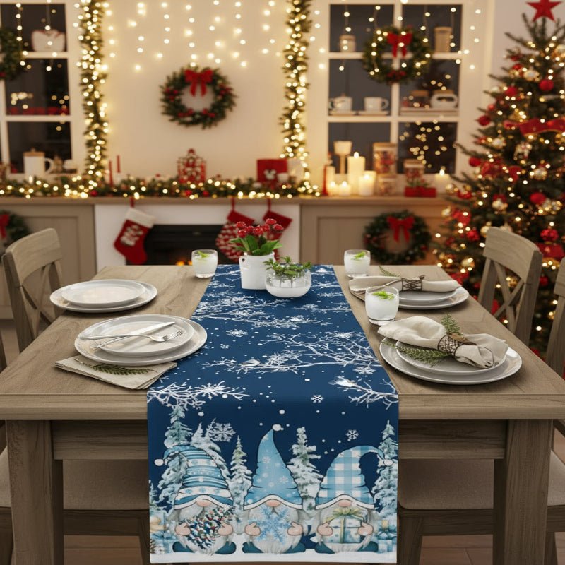 LinenAura Festive Linen Table Runner For Christmas With Snowflake And Gnome Motif