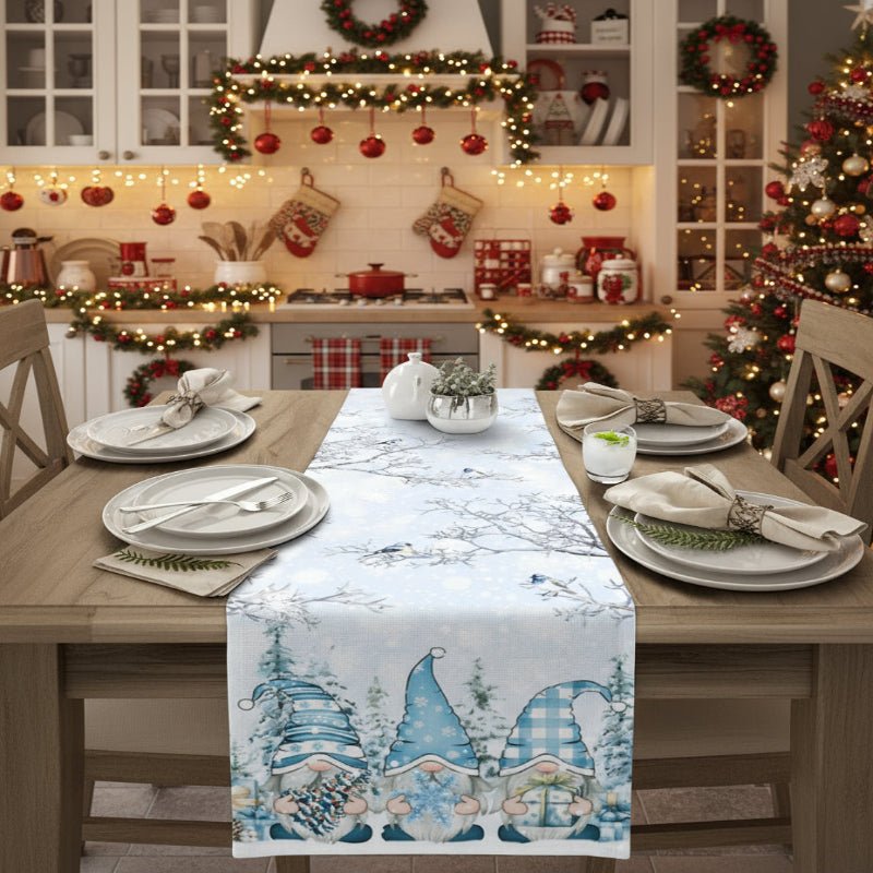 LinenAura Festive Linen Table Runner For Christmas With Snowflake And Gnome Motif