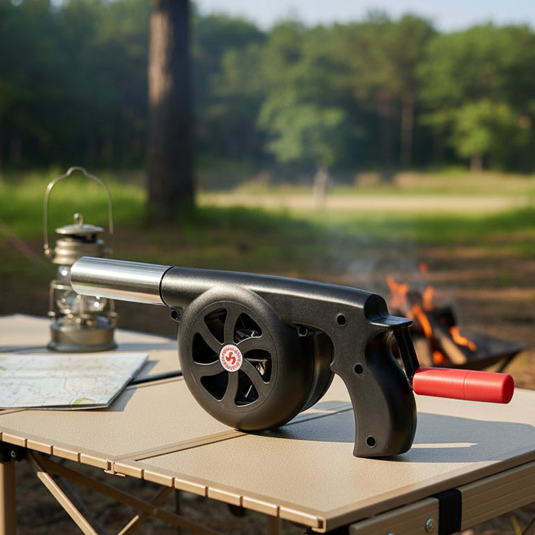 GrillWind Handkurbel-Grillventilator für einfaches Feueranzünden im Freien