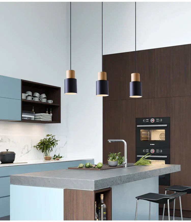 Aurelo Wood & Metal Cylinder Pendant Light Brushed Nickel