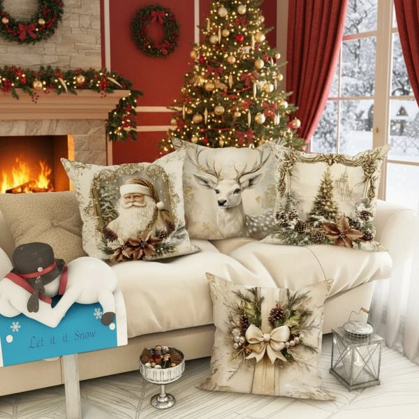 Housses de coussin en velours festif FrostLoom avec motifs vintage de Noël