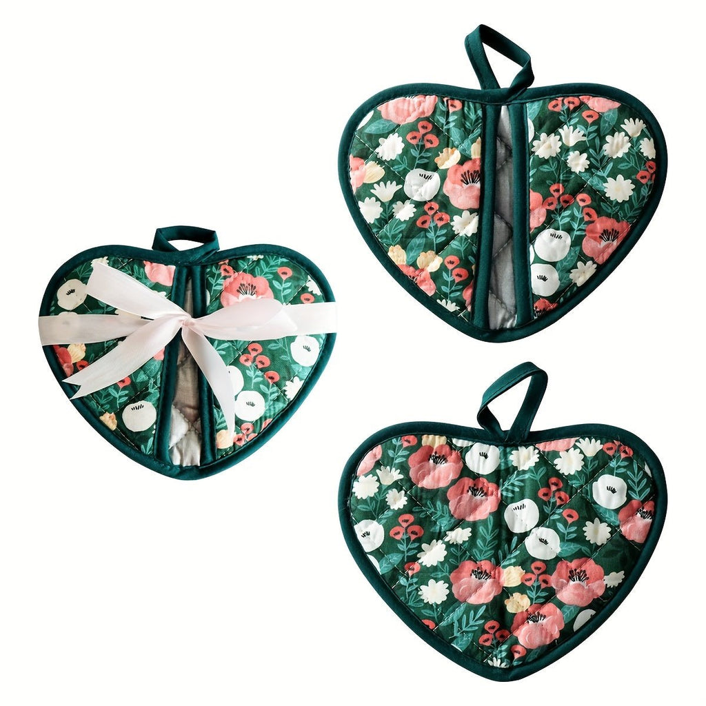 HearthGlow Varmebestandige Grydelapper i Hjerteform Med Blomster Vintage Design