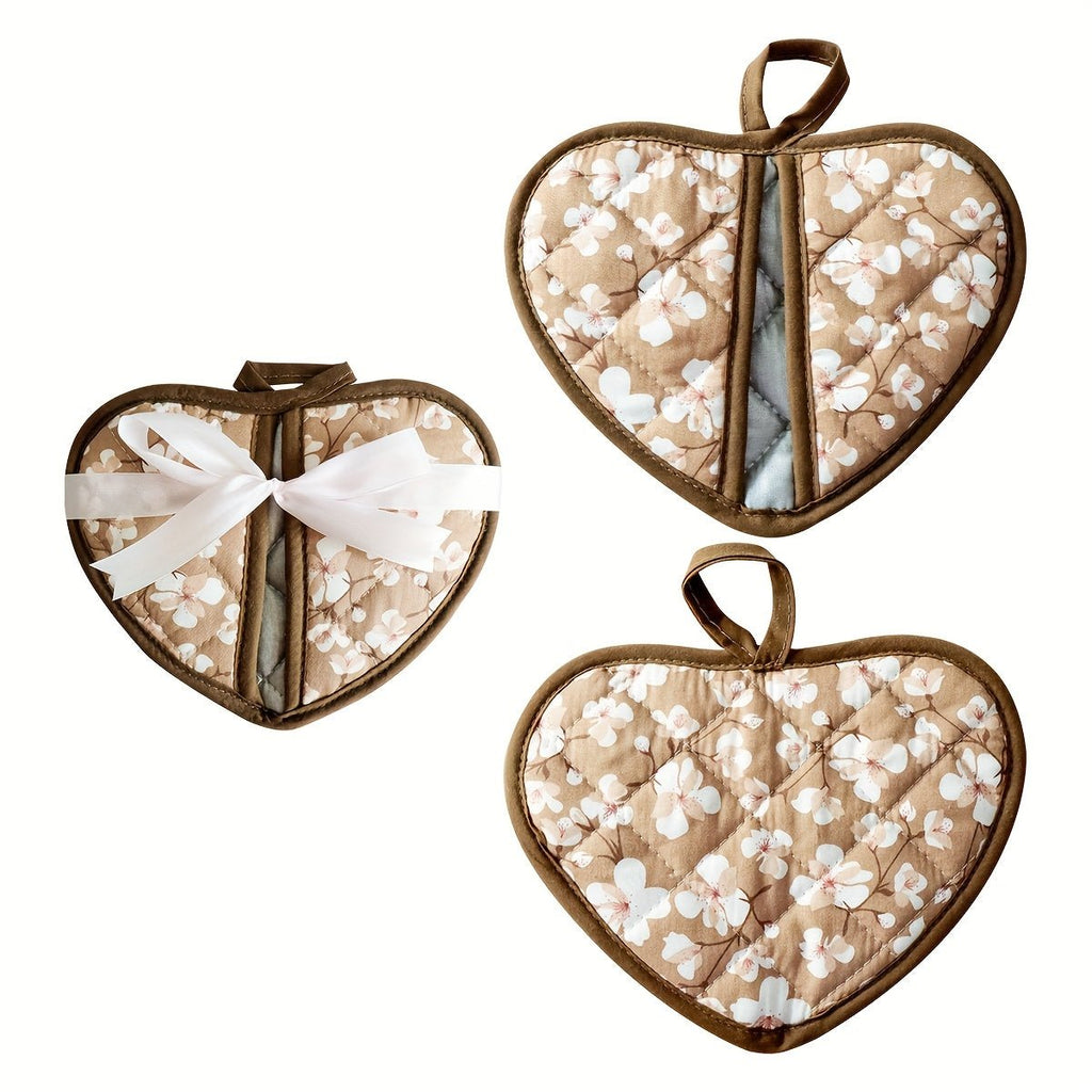 HearthGlow Varmebestandige Grydelapper i Hjerteform Med Blomster Vintage Design