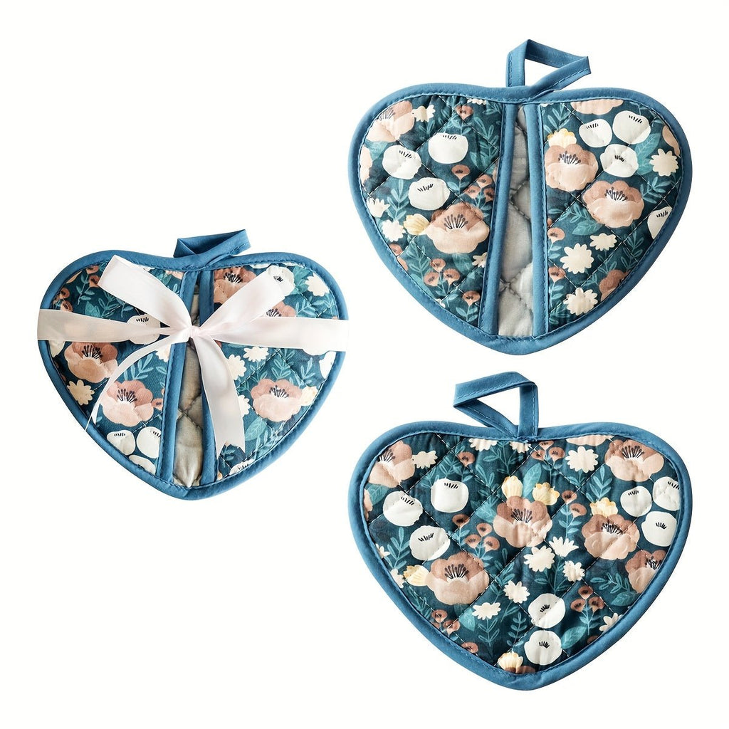 HearthGlow Varmebestandige Grydelapper i Hjerteform Med Blomster Vintage Design
