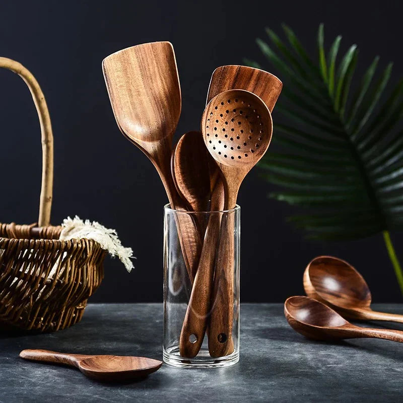 Eight-Piece Acacia Wood Kitchen Set With Holder For Everyday Cooking